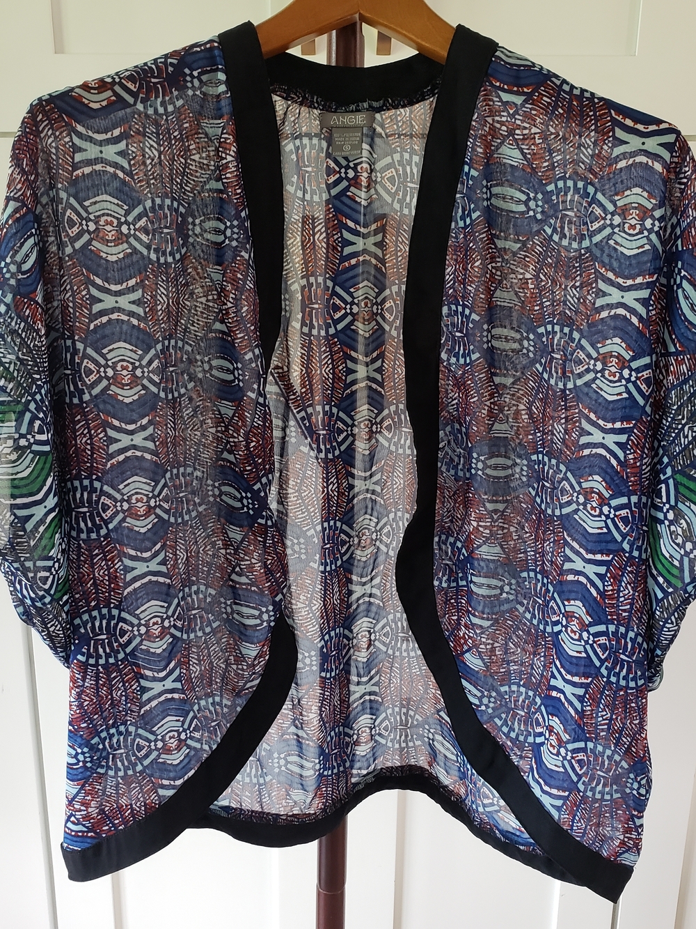 Angie Navy, Blue & Brown Sheer Open-Front Geometric Kimono